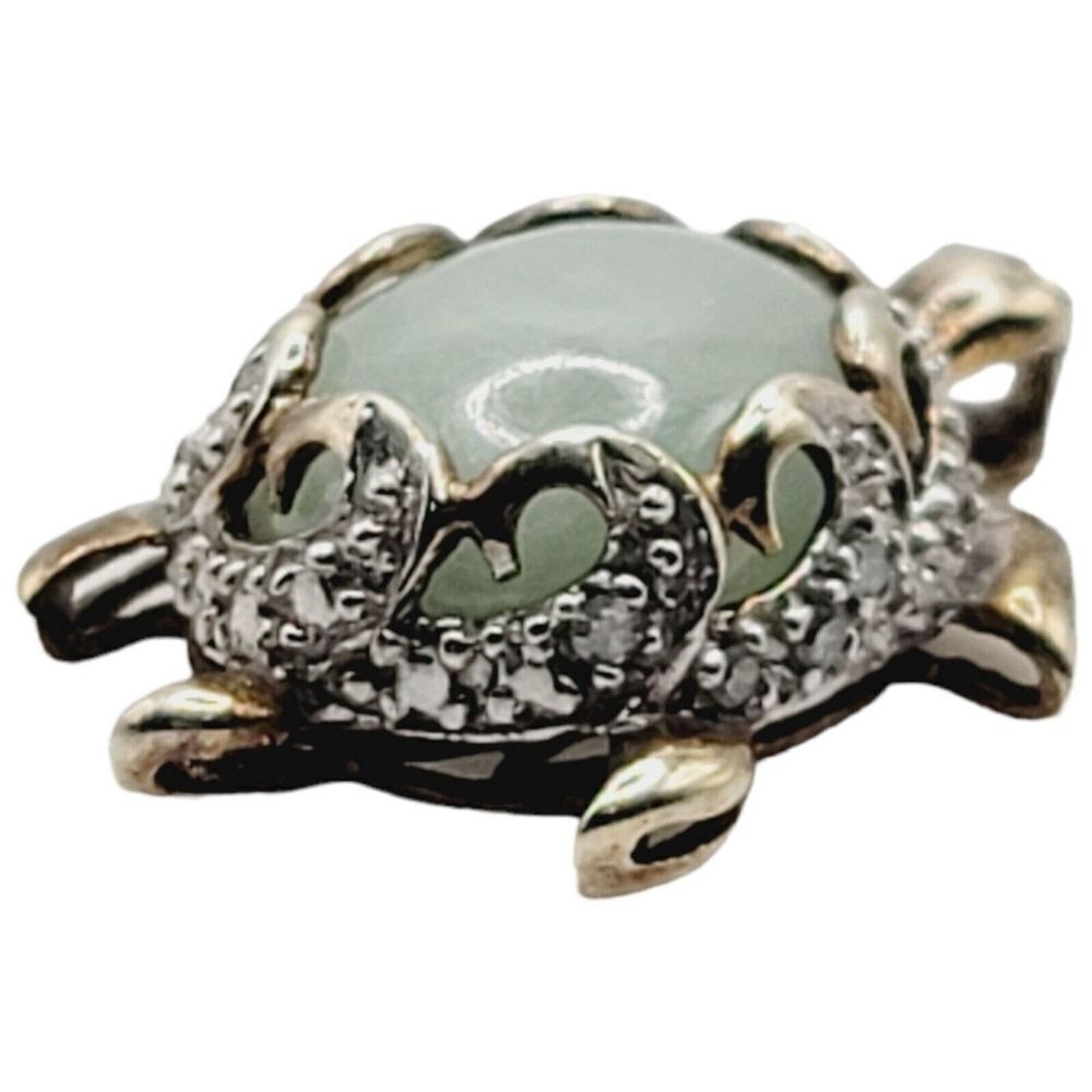 Sterling Silver 925 Vermeil Turtle Necklace Pendant Natural Jadeite and Diamonds - Picture 4 of 13